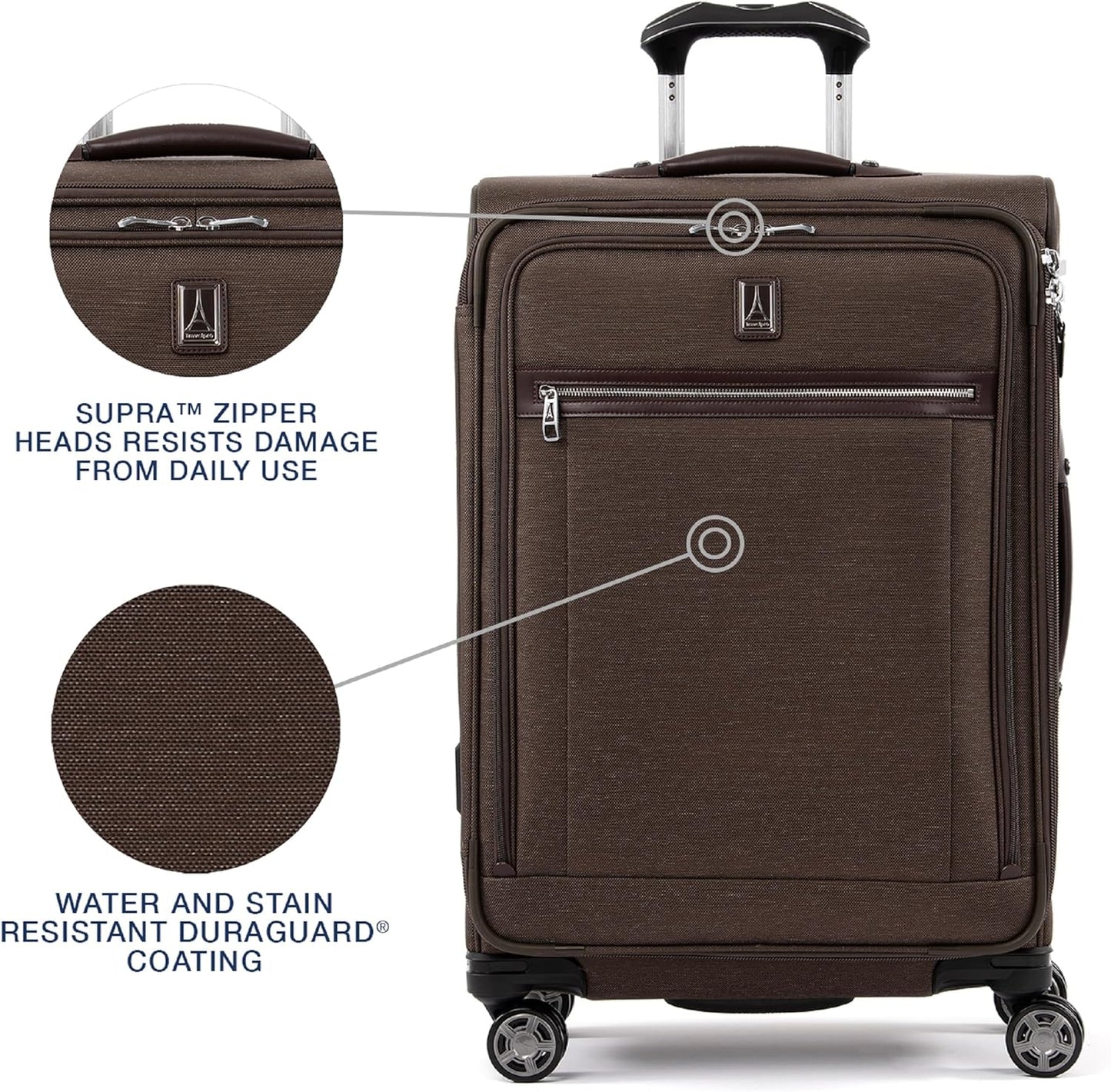 Travelpro Platinum Elite Softside Expandable Checked Luggage, 8 Wheel Spinner Suitcase, TSA Lock, Men and Women, Rich Espresso Brown, Checked Medium 25-Inch