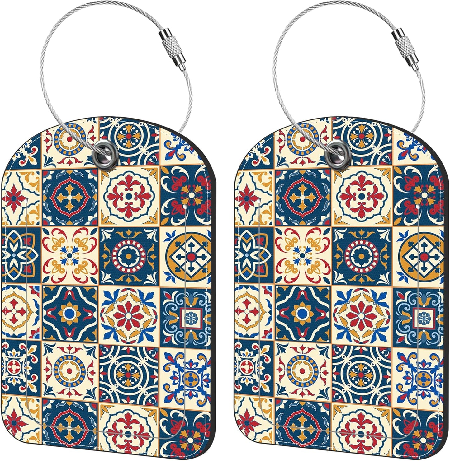 2 Pack Cute Luggage Tag for Suitcases Portuguese Tiles Leather Luggage Tags with Stainless Steel Loop Privacy Flap Name Tags,Men and Women Travel Bag Suitcase Tags