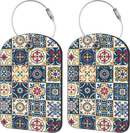 2 Pack Cute Luggage Tag for Suitcases Portuguese Tiles Leather Luggage Tags with Stainless Steel Loop Privacy Flap Name Tags,Men and Women Travel Bag Suitcase Tags