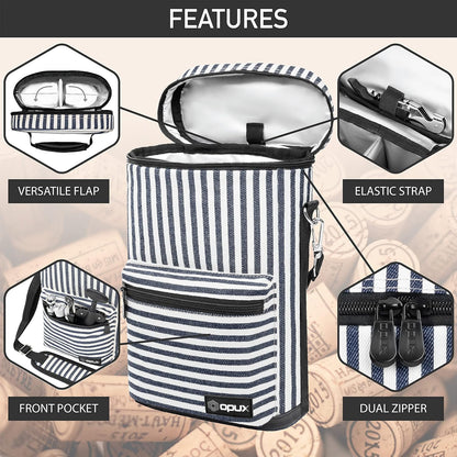 opux Wine Bag 2 Bottle Wine Tote Carrier, Insulated Wine Cooler Bag for Travel Picnic, Leakproof Portable Padded Case, Wine Gifts For Women Men Wine Lovers Christmas, Navy White Stripes