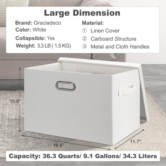 Large 17" 36 Quart Collapsible Stackable Storage Bins with Lids, 1 Pack White Foldable Fabric Closet Storage Boxes with Lids, 4 Handles Heavy-duty Linen Cube Baskets for Bedroom