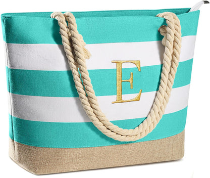 YOOLIFE Initial Canvas Waterproof Beach Tote Bag Zipper Personalized Gifts for Women Her Birthday Travel Beach Essential