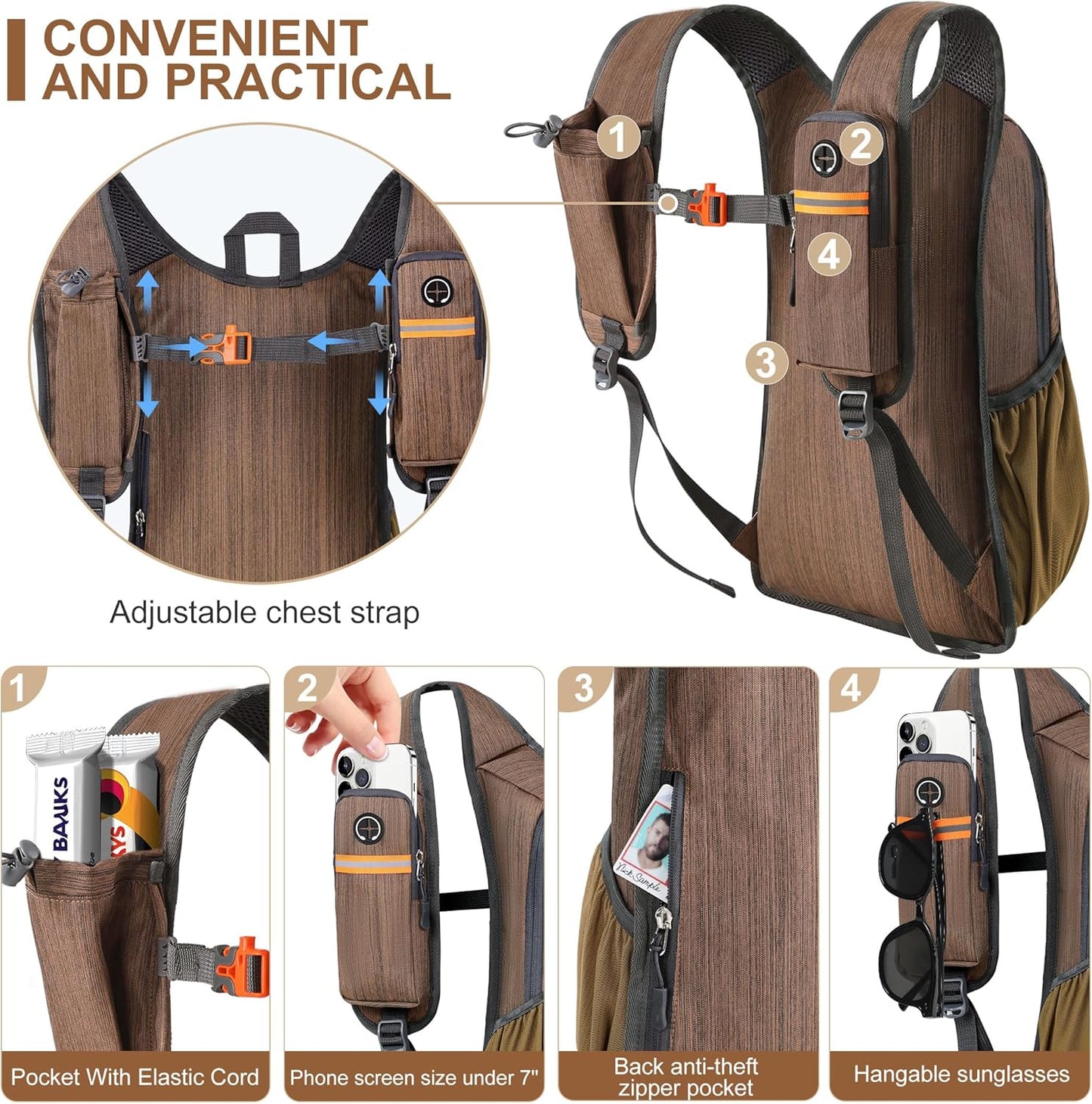 15L Small Hiking Backpack for Men Women Foldable Packable Back Pack Ultralight Hiking Daypack for Travel Camping Outdoor, Chocolate Brown