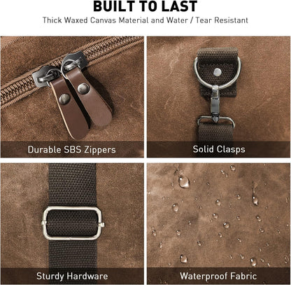 Wildroad Waxed Canvas Duffle Bag - 60L Waterproof Genuine Leather Weekender Overnight Travel Hand Bag