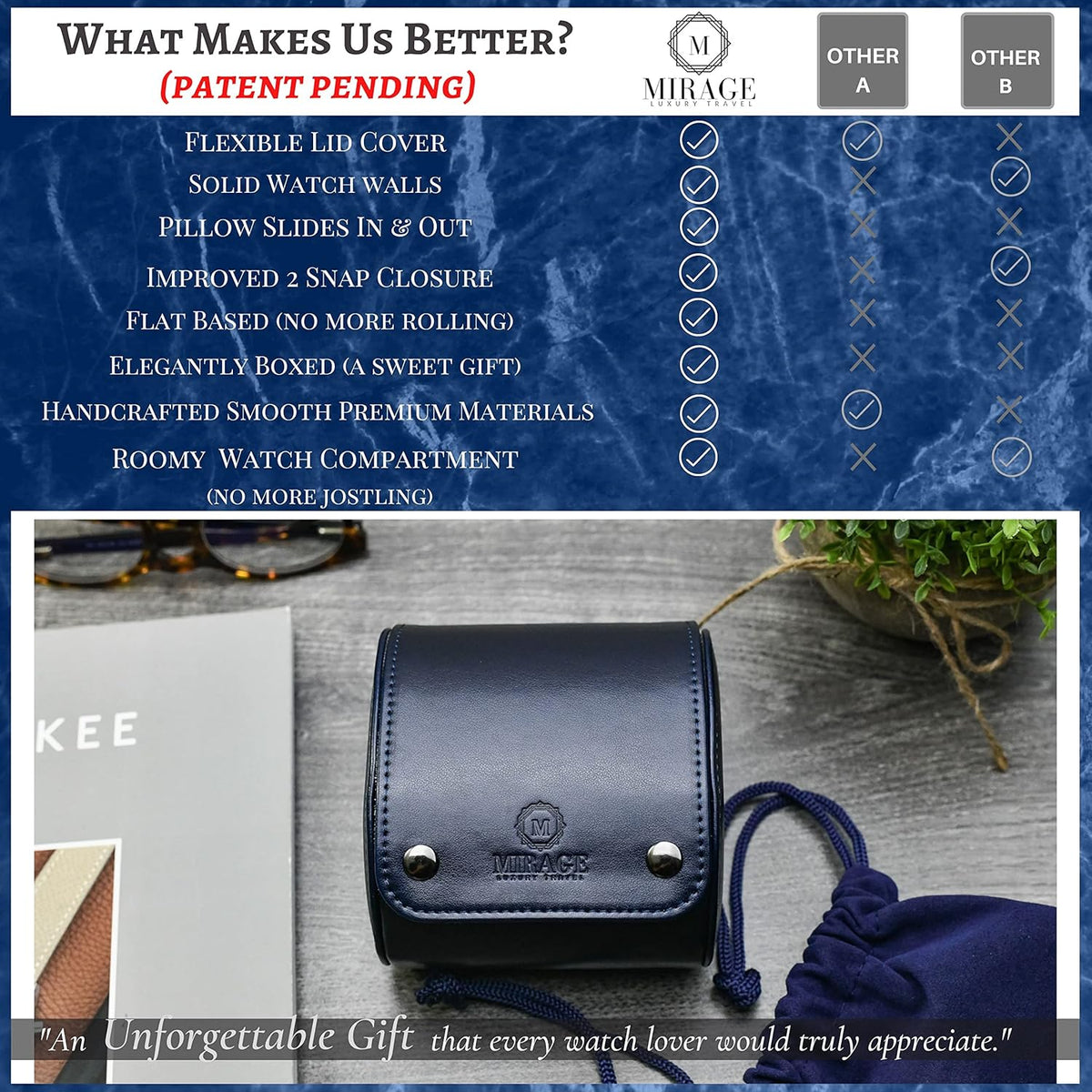 Blue/Ivory - 1 Watch Travel Case for Men - Single Watch Case Storage - Gift Idea Travel Accessory - Midnight Blue/Ivory - Mirage Watch Roll Cases Vegan Leather