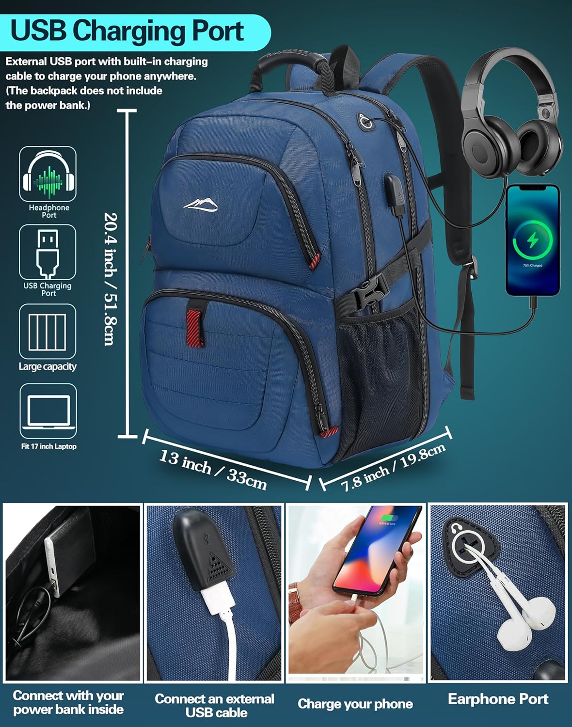 ProEtrade Travel Backpack, Extra Large Laptop Backpack School Business Anti Theft TSA Approved College Work Computer Bag Fits 17 Inch Laptop with USB Charging Port Bookbag for Women Men(Blue)