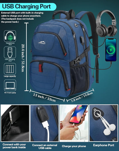 ProEtrade Travel Backpack, Extra Large Laptop Backpack School Business Anti Theft TSA Approved College Work Computer Bag Fits 17 Inch Laptop with USB Charging Port Bookbag for Women Men(Blue)