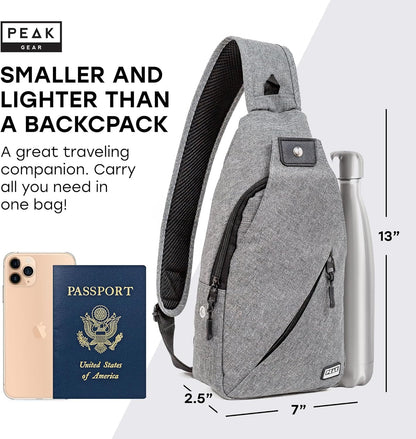 Peak Gear Travel Sling Bag. Compact Crossbody Bag | Lighter and Smaller than a Backpack | Lifetime Lost & Found ID Tag