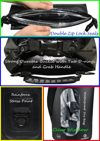 Freegrace Waterproof Dry Bags Set of 3 Dry Bag with 2 Zip Lock Seals & Detachable Shoulder Strap, Waist Pouch & Phone Case - Can Be Submerged Into Water - for Swimming (Black(Window), 20L)