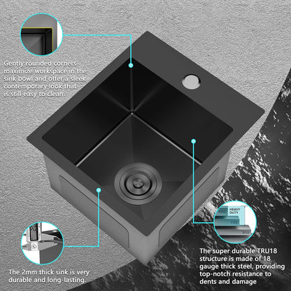 13 x 15 Inch Black Drop In Small Kitchen Sink, Single Bowl Topmount Bar Prep Sink - 18 Gauge Stainless Steel with Basket Strainer