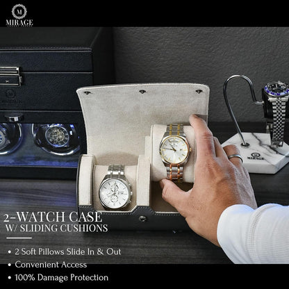 2 Watch Roll Travel Case for Men - Double Watch Case - Slate Grey/Ivory White Vegan Leather