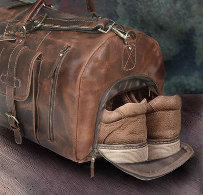 24 Inch Genuine Leather Duffle Bag for Men Travel Overnight Weekender Leather Duffel Bags Sports Gym Duffel for Men and Women Carry On Luggage for Traveling