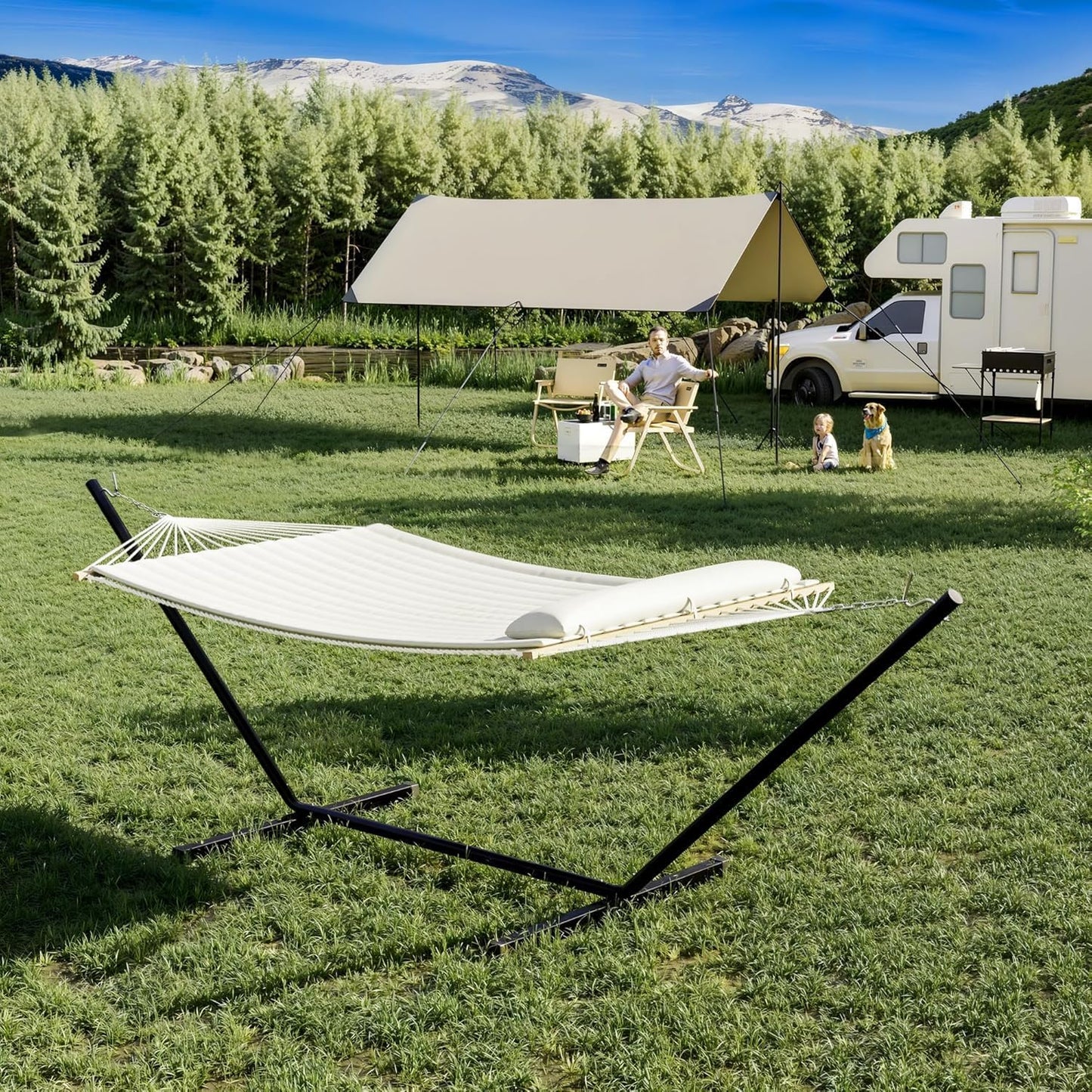 Double Hammock with Stand for 2 Persons Outdoor,Heavy Duty 450lb Capacity,with Portable Steel Frame,Cotton Rope,Polyester Pad and Carry Bag,Perfect for Garden Camping Beach Backyard Patio