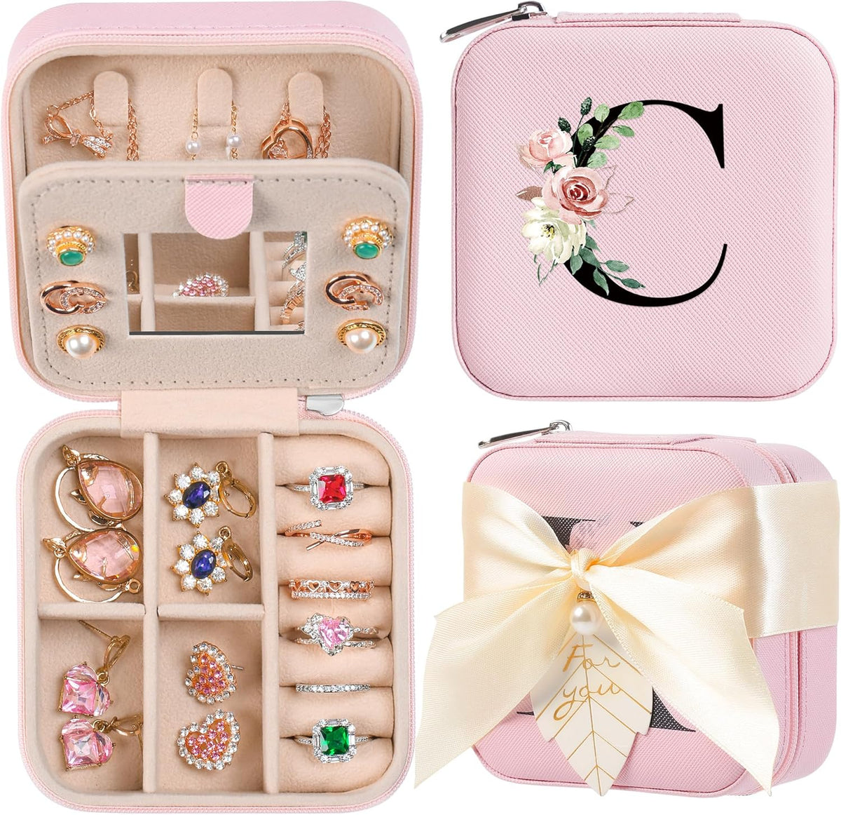 AYGXU Travel Jewelry Box for Women and Girls - Small Case With Initial A-Z - Teacher Gifts