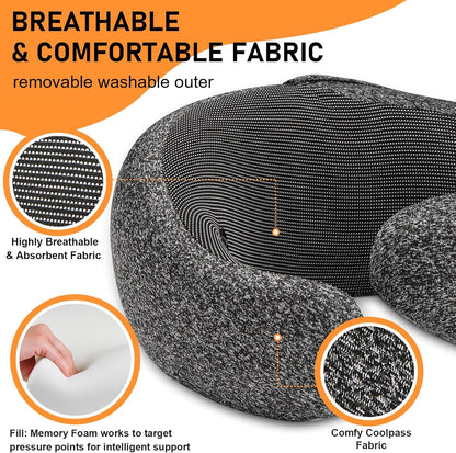 Travel Pillow - Hooded Neck Pillow Airplane Memory Foam Filling for Plane, Office, Cars Sleeping, Road Trip, Long Flights, Portable Plane Accessories, Includes Eye Mask & Earplugs (Dark Gray)