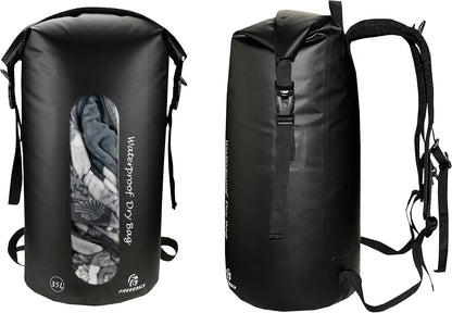 Freegrace Waterproof Dry Bags Set of 3 - Dry Bag with 2 Zip Lock Seals, Waist Pouch & Phone Case - Can Be Submerged Into Water for Swimming, Kayak, Rafting & Boating (Window, Black, 35L)