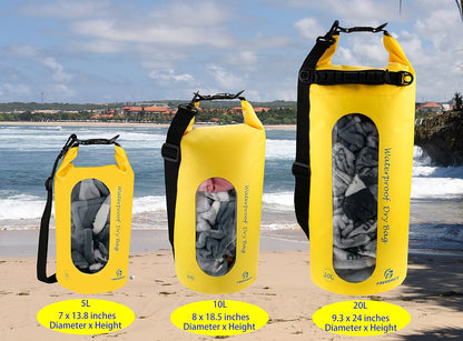Freegrace Waterproof Dry Bags Set of 3 Dry Bag with 2 Zip Lock Seals & Detachable Shoulder Strap, Waist Pouch & Phone Case - Can Be Submerged Into Water - for Swimming (Yellow(Window), 20L)
