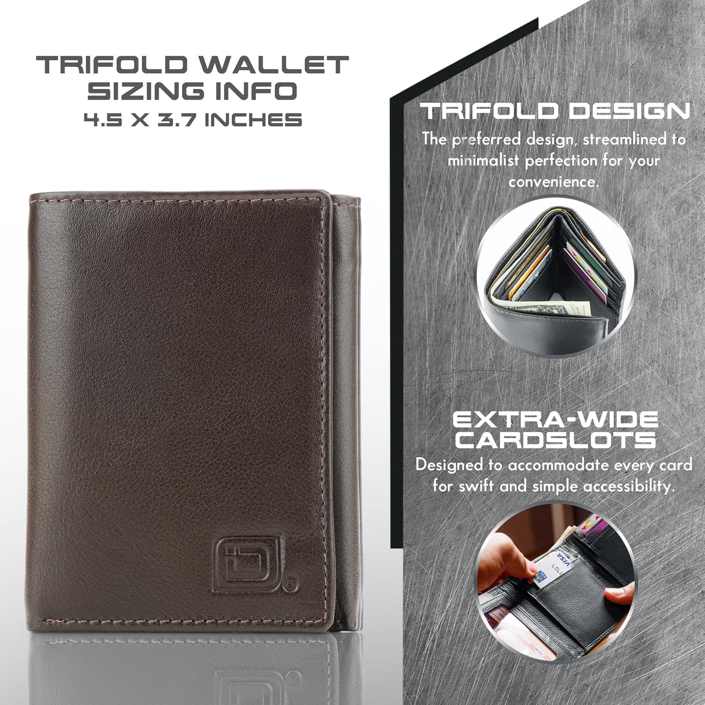ID Stronghold Men's Leather Trifold Wallet - RFID Blocking - Brown Wallet with Gift Box