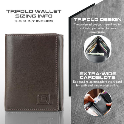 ID Stronghold Men's Leather Trifold Wallet - RFID Blocking - Brown Wallet with Gift Box