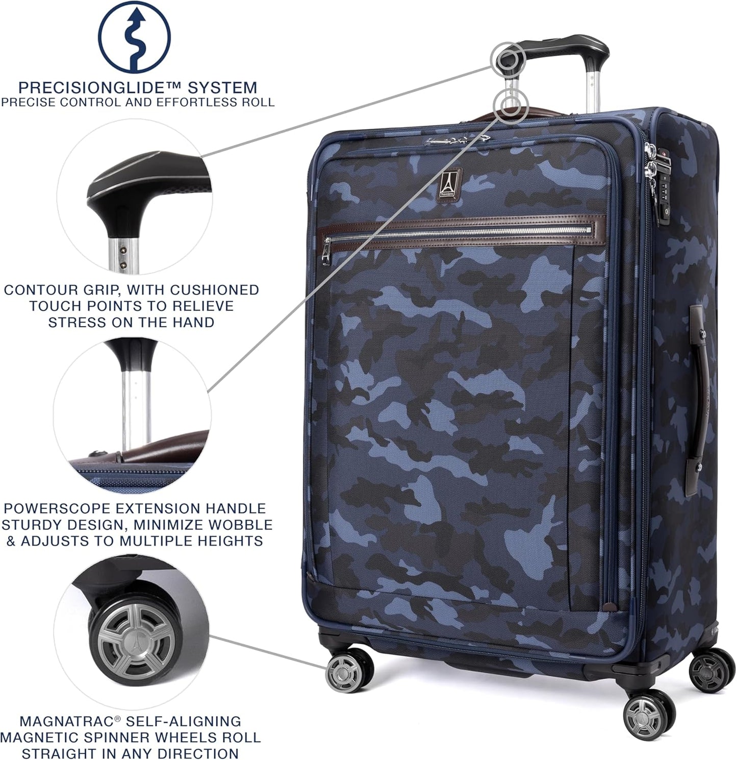 Travelpro Platinum Elite Softside Expandable Checked Luggage, 8 Wheel Spinner Large Suitcase, TSA Lock, Men and Women, Navy Camouflage, Checked Large 29-Inch