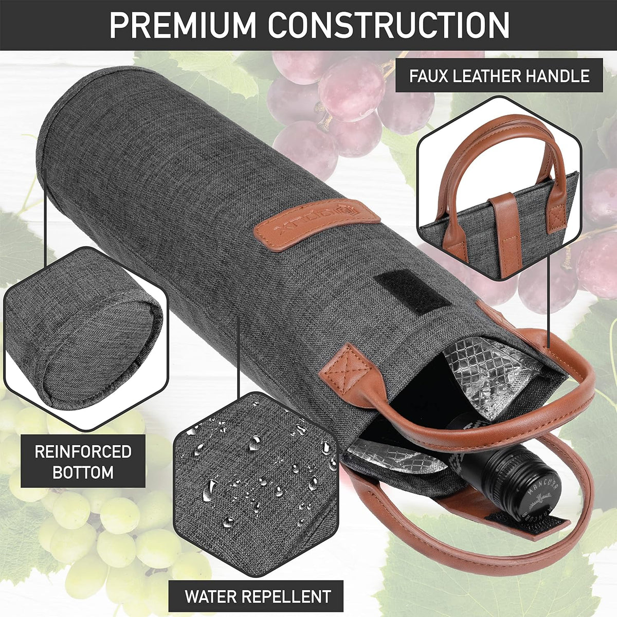 opux Wine Bag Single Bottle Carrier Tote, Insulated Travel Wine Cooler Bag for Picnic Beach Gift, Thermal Padded Portable One Bottle Holder Carrying Case for Women Men Wine Lovers, Charcoal Gray