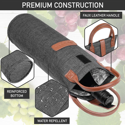 opux Wine Bag Single Bottle Carrier Tote, Insulated Travel Wine Cooler Bag for Picnic Beach Gift, Thermal Padded Portable One Bottle Holder Carrying Case for Women Men Wine Lovers, Charcoal Gray