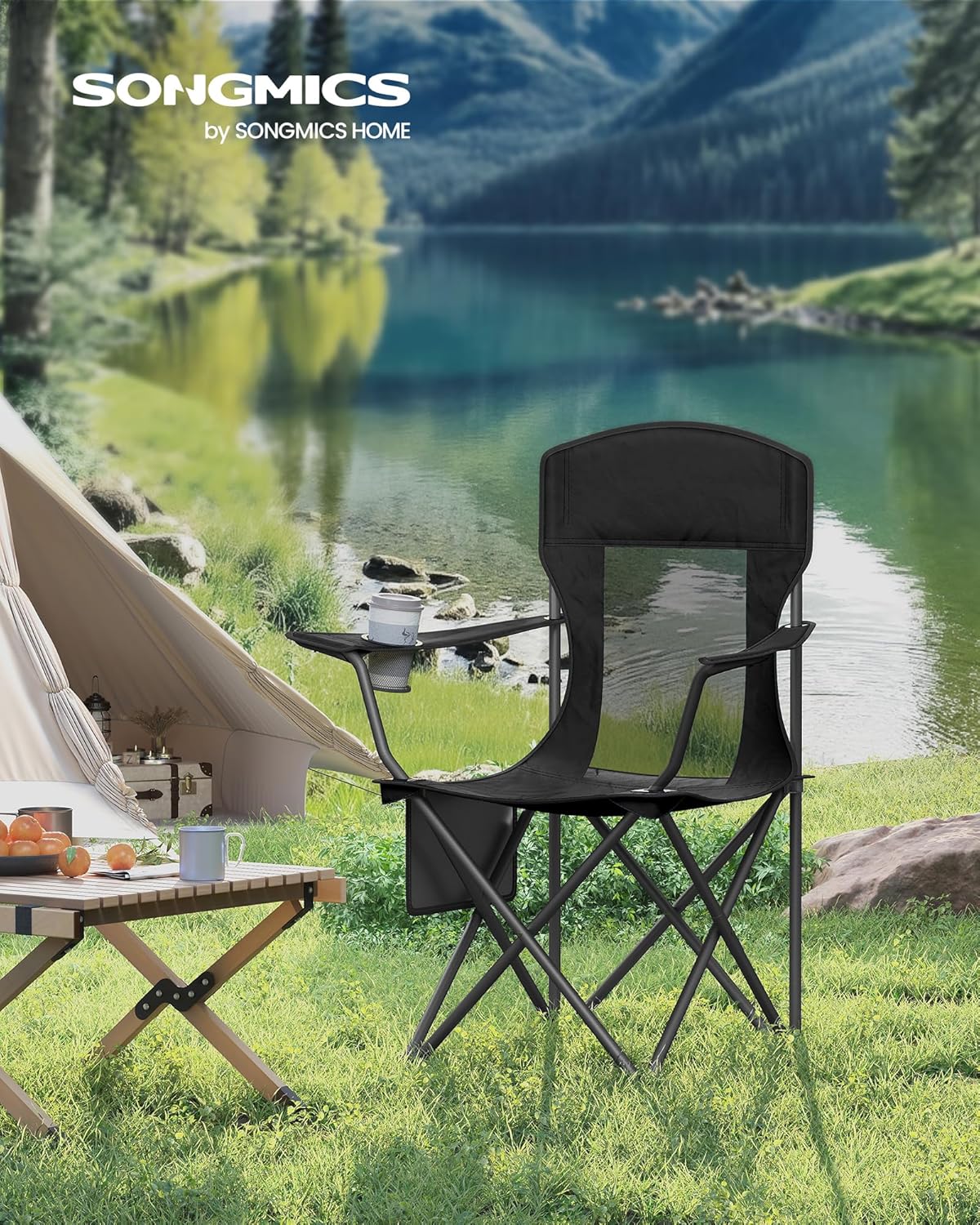 SONGMICS Breathable Camping Chairs, Foldable Outdoor Chairs Set of 2, High Back, Adjustable Armrests, Drink Holder, Weight Capacity 330 lb, for Sports Garden Backyard, Ink Black UGCB028B02