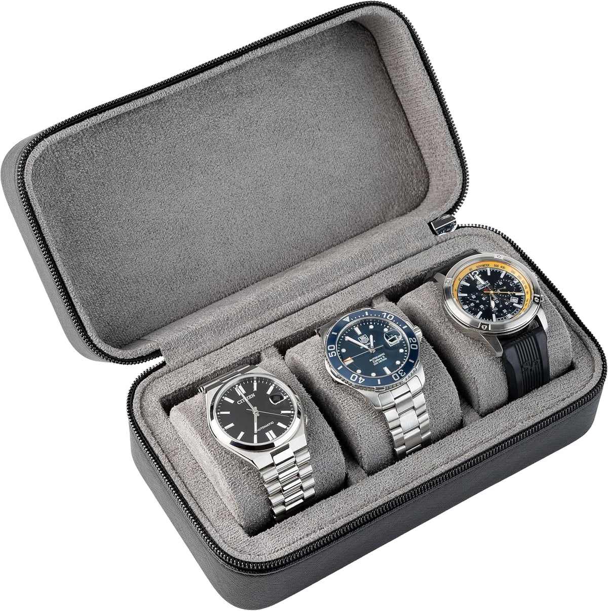 Watch Travel Case for Men | Leather Watch Case with 3 Slots | Perfect Travel Watch Organizer | Portable Watch Carrying Case for Men (Black/Grey)