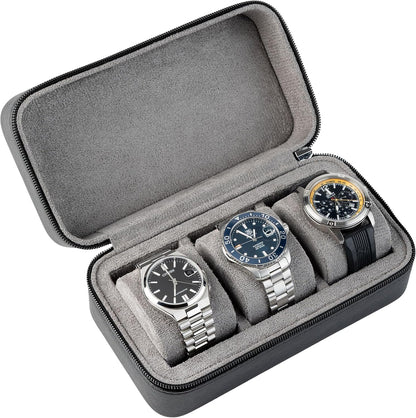 Watch Travel Case for Men | Leather Watch Case with 3 Slots | Perfect Travel Watch Organizer | Portable Watch Carrying Case for Men (Black/Grey)