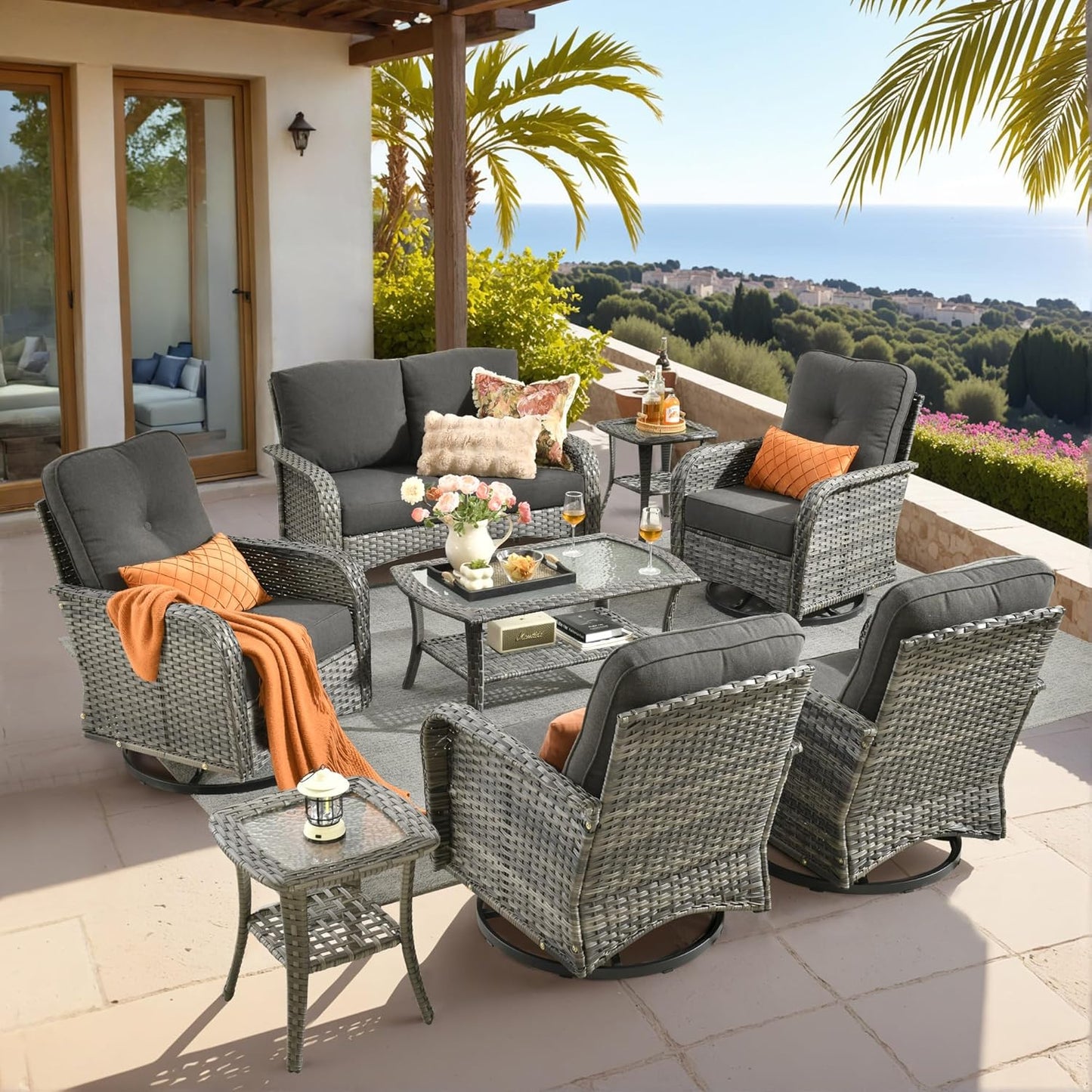 HOOOWOOO Patio Furniture Set,8 Pieces Outdoor Conversation Set,All Weather Wicker Loveseat Sofa Set with High Back Swivel Rocking Chairs Tables,Black