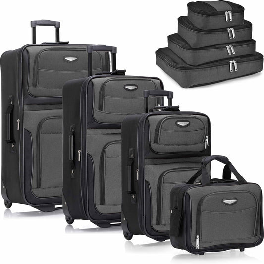 Travel Select Amsterdam 8-Piece Softside Expandable Luggage Set, Lightweight 2-Wheel Suitcases with Packing Cubes & Travel Tote, Durable Polyester Construction, Gray