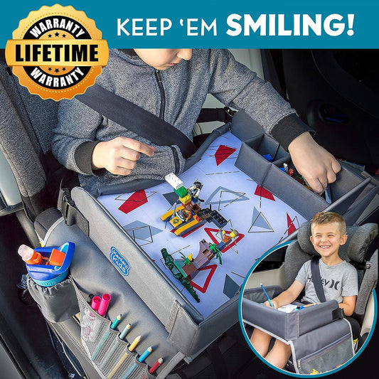 Kenley Kids Travel Tray, Toddler Car Seat Lap Tray, Road Trip Essentials Activity Table (Red/Gray)