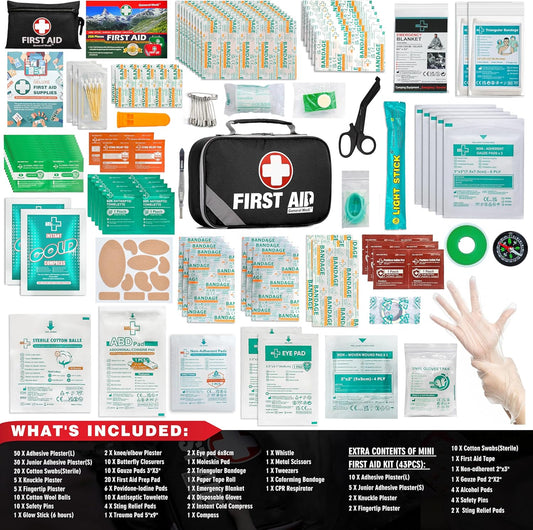 General Medi 2-in-1 First Aid Kit (215 Piece Set) + 43 Piece Mini First Aid Kit -Includes Ice(Cold) Pack, Moleskin Pad and Emergency Blanket for Travel, Home, Office, Car, Workplace(Black)