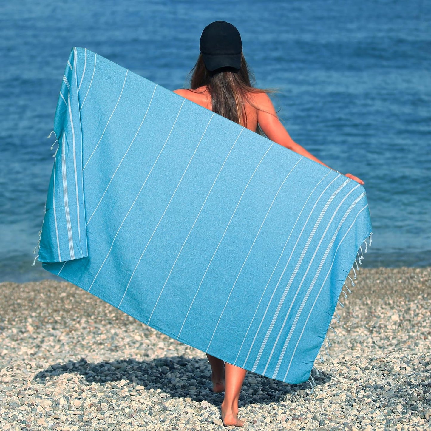 HILLFAIR Cotton Turkish Beach Towels, Quick Dry Lightweight Sand Free Peshtemal Towel for Bath Swim Yoga Pool Travel, Beach Accessories, Oversized Cotton Turkish Towels (39 x 72 inch- 4 Pack Sky)