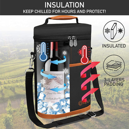 opux 2 Bottle Wine Carrier Tote, Insulated Leakproof Wine Cooler Bag, Wine Travel Bag Tote for Picnic BYOB Beach, Portable Wine Bottle Carrying Case, Gift for Wine Lover Women Men Christmas, Brown