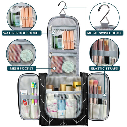 PAVILIA Toiletry Bag Travel Bag for Women Men, Hanging Cosmetic Organizer, Water Resistant Makeup Bag for Accessories Toiletries, Large Travel Essentials Kit (Black Chevron)
