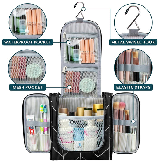 PAVILIA Toiletry Bag Travel Bag for Women Men, Hanging Cosmetic Organizer, Water Resistant Makeup Bag for Accessories Toiletries, Large Travel Essentials Kit (Black Chevron)