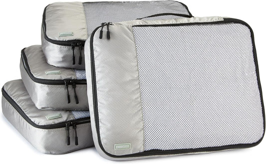 Amazon Basics 4 Piece Packing Cubes Travel Organizer Set with Double Zipper, Mesh Top, Large, Gray