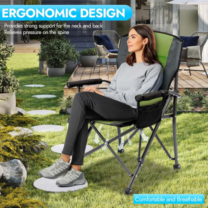 Oversized Folding Camping Chair for Adults, Supports 450 LBS Camping Chairs, Heavy Duty Camping Chair with Side Pockets, Foldable Outdoor Chair for Camping, Beach, Fishing, Hiking, Green-Black