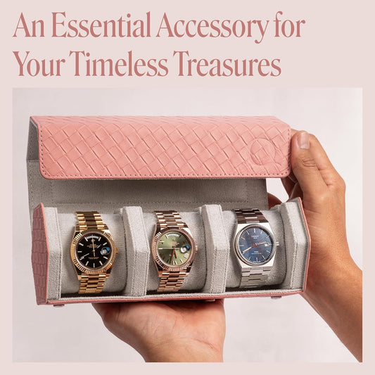 Ladies Leather Watch Rolls for Women - Hexagon Triple Watch Roll Travel Case for 3 Watches - Storage Organizer Genuine Leather with Velvet Interior Display (Woven Pink/Gray)