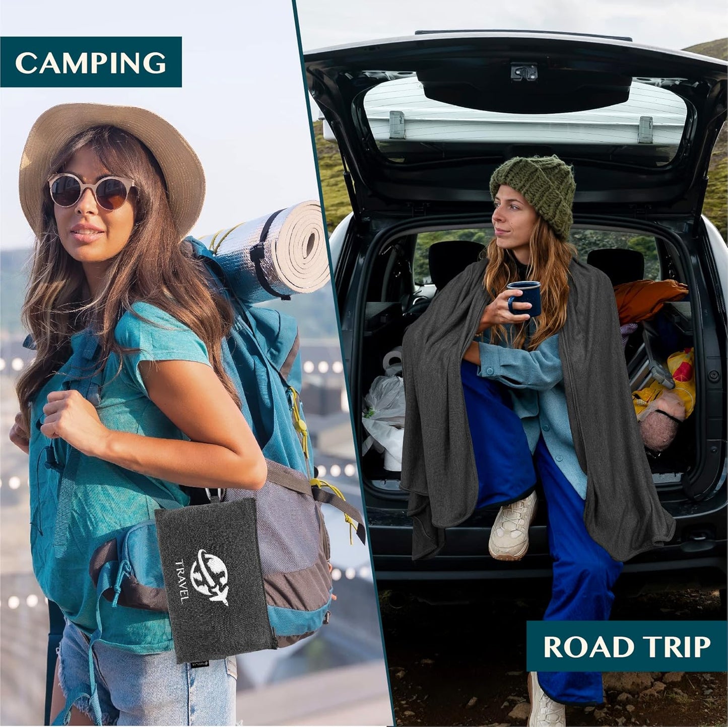 PAVILIA Travel Blanket Airplane Compact with Bag, Small Travel Pillow Blanket for Long Flights, Lightweight Plane Blanket with Luggage Strap, Camping Blanket for Traveler Essentials, Black, 65x40