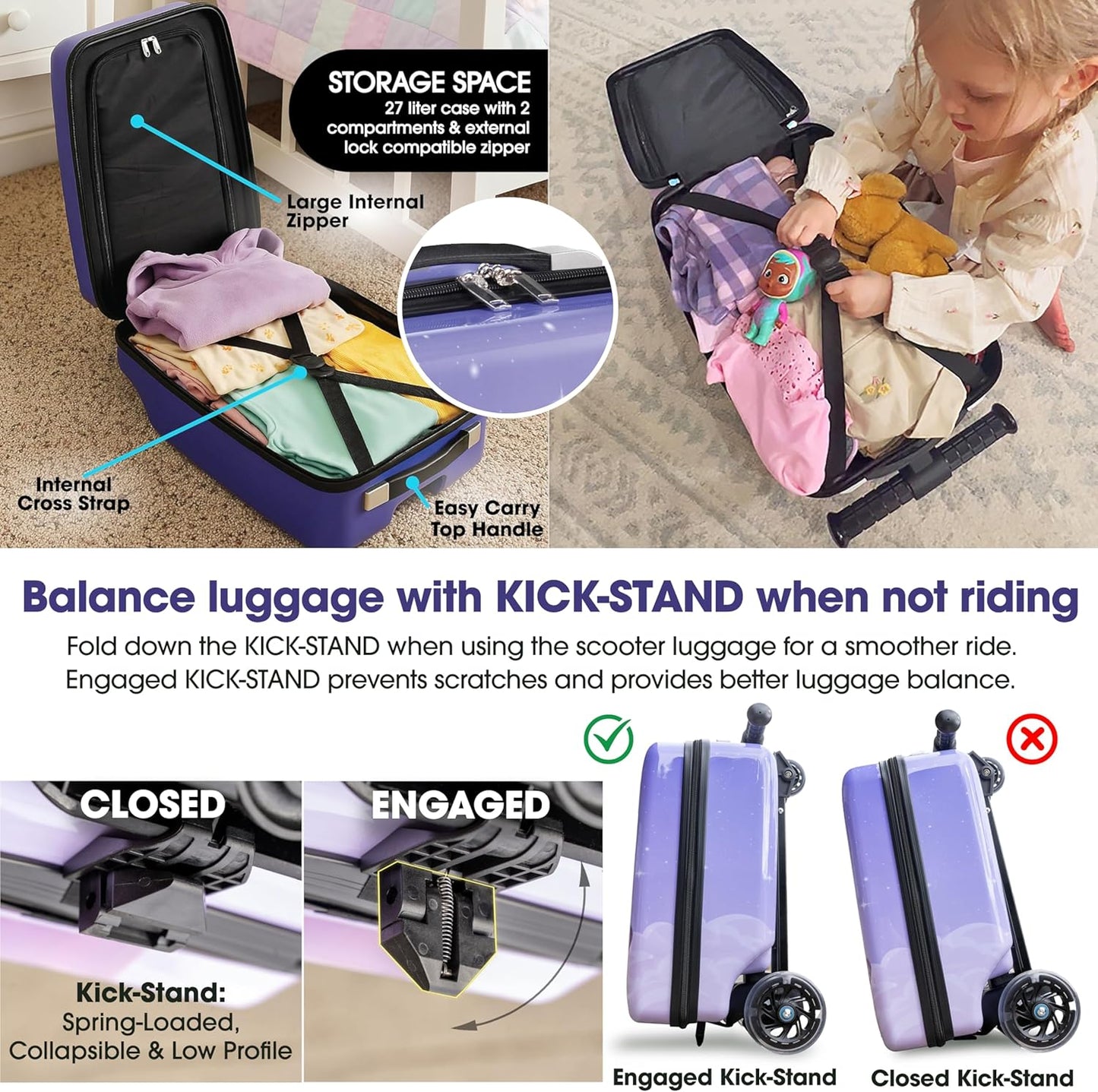 KIDDIETOTES Detachable 4-in-1 Scooter Luggage for Kids – Ride-On Suitcase with Removable Luggage Body, Adjustable Handlebar, Durable Deck & Brake, Carry-On Size – Travel & Play