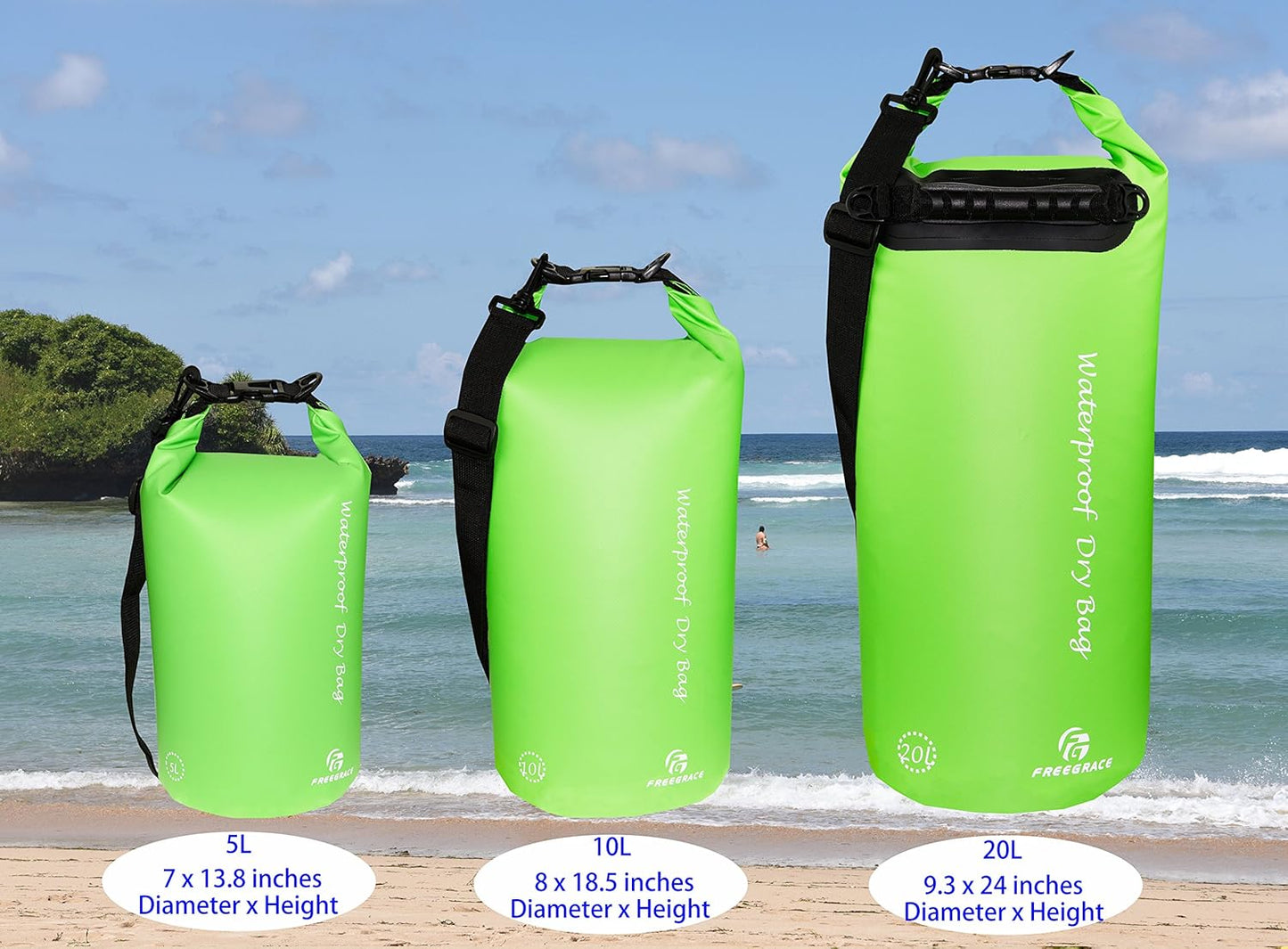 Freegrace Waterproof Dry Bags Set of 3 Dry Bag with 2 Zip Lock Seals & Detachable Shoulder Strap, Waist Pouch & Phone Case - Can Be Submerged Into Water (Green, 20L)