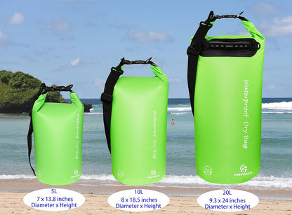 Freegrace Waterproof Dry Bags Set of 3 Dry Bag with 2 Zip Lock Seals & Detachable Shoulder Strap, Waist Pouch & Phone Case - Can Be Submerged Into Water (Green, 20L)