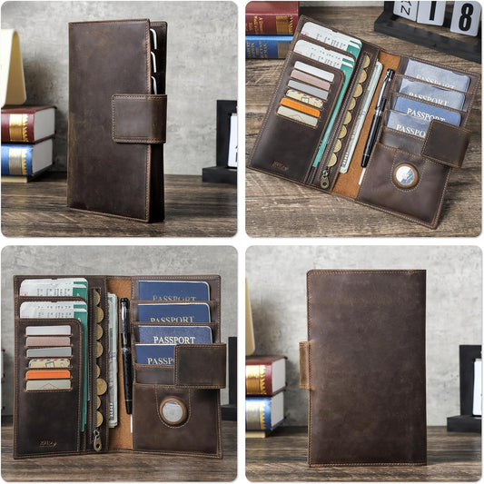 Top Grain Leather Travel Passport Wallet Holder for Man & Woman, Snap Button Design for 4 Passports & Multi Cards, RFID Blocking Large Capacity for Passports/Cards/Checks/Bills, Coffee