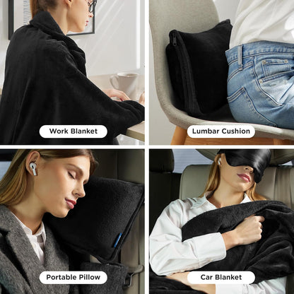 Bedsure Travel Blanket Airplane Compact with Storage Bag, Packable Blanket with Eye Mask, Lightweight 2-in-1 Travel Essentials, Functioned as Pillow for Airplane Comfort and Warmth, Black