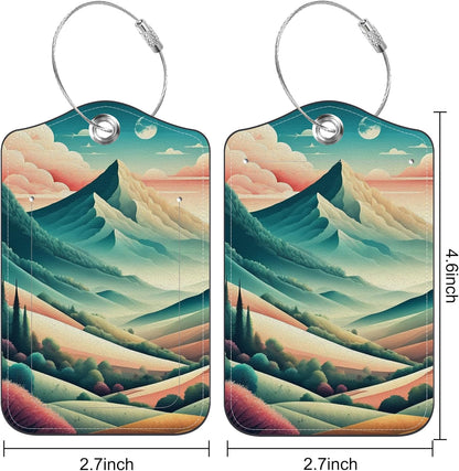 2 Pack Luggage Tags Mountains Clouds Waves Natural Landscape PU Leather Baggage Tag with Privacy Cover Stainless Steel Loop and Name ID Card for Men Women Travel Bag Luggage Accessories