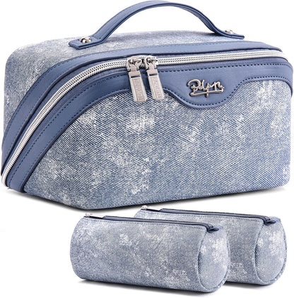 Travel Makeup Bag Cosmetic Bags for Women: 3 Sets Large Capacity Make up Bag - Portable Toiletry Bags with Handle for Women(05-Blue)
