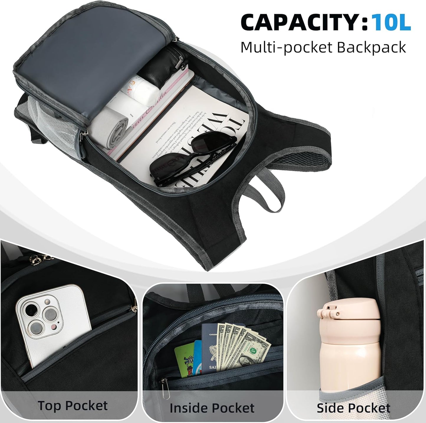 Small Travel Backpack - Lightweight & Foldable, 10L Capacity, Packable & Camping Hiking Daypack for Women & Men (Black)