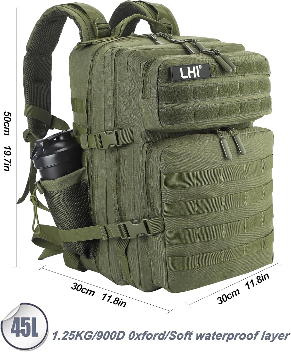 LHI Military Tactical Backpack for Men and Women 45L Army 3 Days Assault Pack Bag Large Rucksack with Molle System - Green
